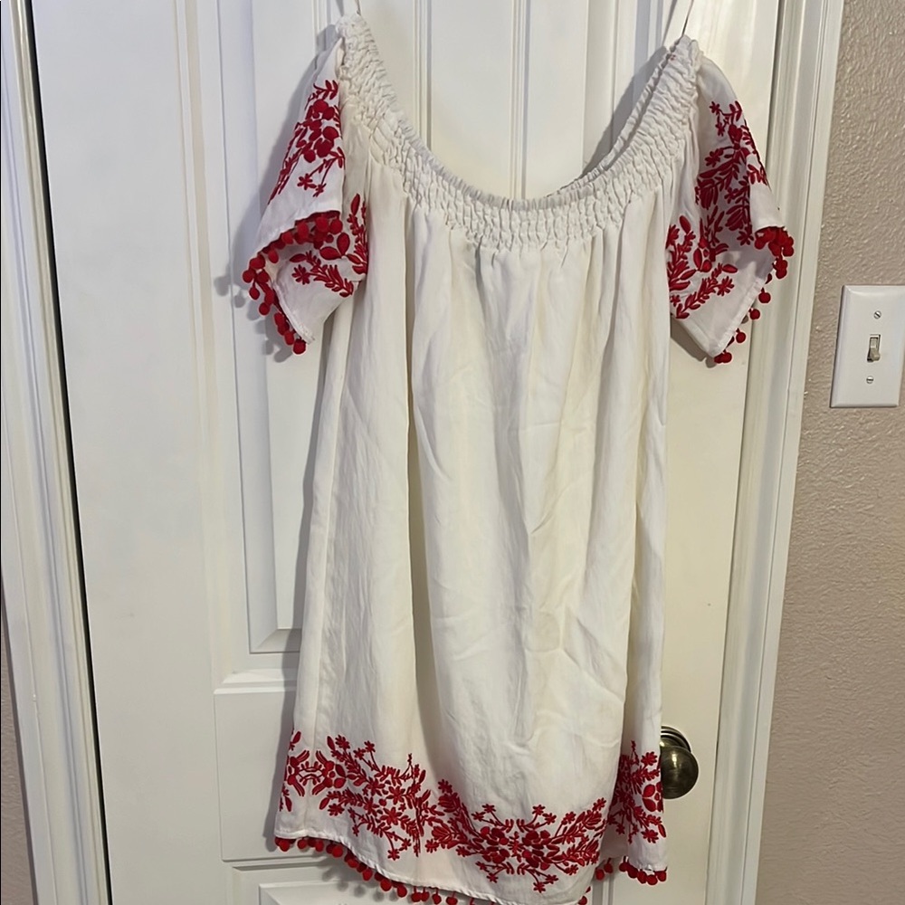 White Dress with Red Embroidery